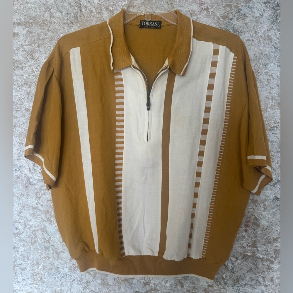 Mens Brown Cream Dress Shirt Large Linen Cotton Blend Made in Spain